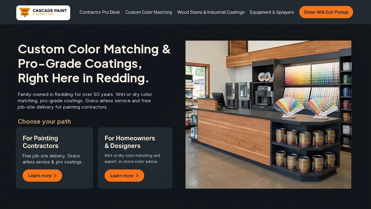 New homepage design for Cascade Paint & Supply with homeowner and contractor paths